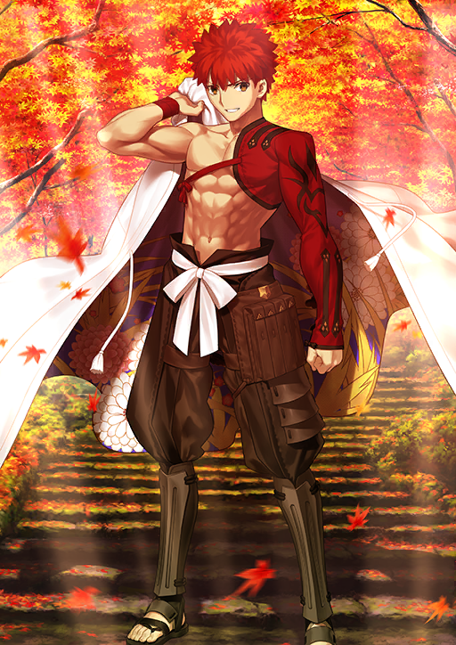 1boy abs arm_at_side armor black_pants black_sandals brown_eyes clenched_hand collarbone emiya_shirou fate/grand_order fate_(series) foot_out_of_frame game_cg grin hand_up holding holding_behind_back holding_unworn_clothes igote japanese_armor japanese_clothes leaf legs_apart looking_to_the_side male_focus maple_leaf navel no_socks official_art pants pectorals pouch puffy_pants red_hair sandals sash senji_muramasa_(fate) short_hair single_bare_shoulder smile solo spiked_hair stairs standing suneate takeuchi_takashi tassel teeth thigh_pouch third-party_source toes toned toned_male topless_male tree unworn_haori variant_set white_sash wristband