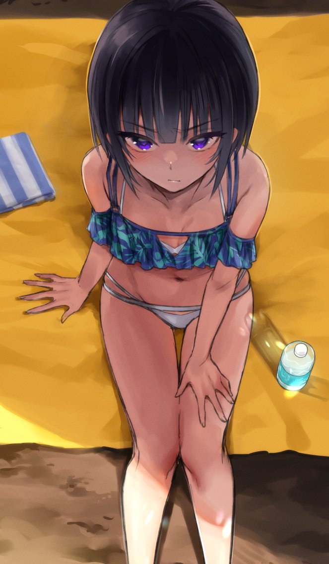 1girl arm_support bikini black_hair blunt_bangs blush bottle collarbone feet_out_of_frame flat_chest frilled_bikini frills from_above frown futou_ryouko groin hand_on_own_thigh idolmaster idolmaster_cinderella_girls looking_at_viewer mat mismatched_bikini multi-strapped_bikini navel off_shoulder purple_eyes shade shirayuki_chiyo solo swimsuit v-shaped_eyebrows water_bottle