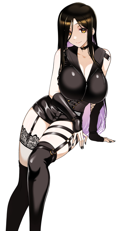 1girl asymmetrical_legwear belt black_corset black_hair breasts colored_inner_hair corset huge_breasts koishikawa lace lace-trimmed_legwear lace_trim long_hair looking_at_viewer multicolored_hair nijisanji orange_eyes shirayuki_tomoe shirayuki_tomoe_(9th_costume) shorts smile solo thighhighs virtual_youtuber white_belt
