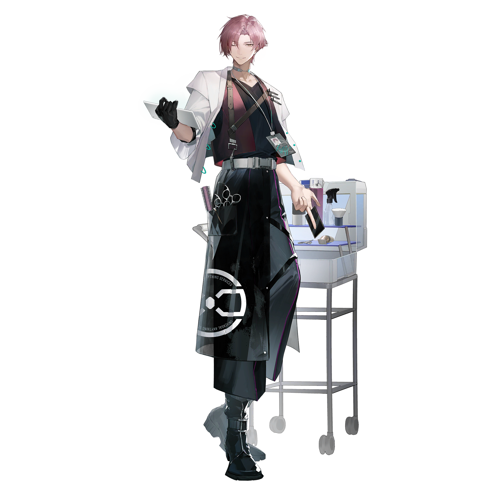 1boy apron barber black_apron black_boots black_gloves black_pants black_shirt boots damingshimingyan full_body game_cg girls'_frontline girls'_frontline_neural_cloud gloves hair_curl highres holding holding_tablet_pc jacket lanyard looking_at_viewer official_art one_eye_closed pants pink_hair red_vest shirt solo spray_can standing tablet_pc third-party_source tony_(neural_cloud) transparent_background vest white_jacket