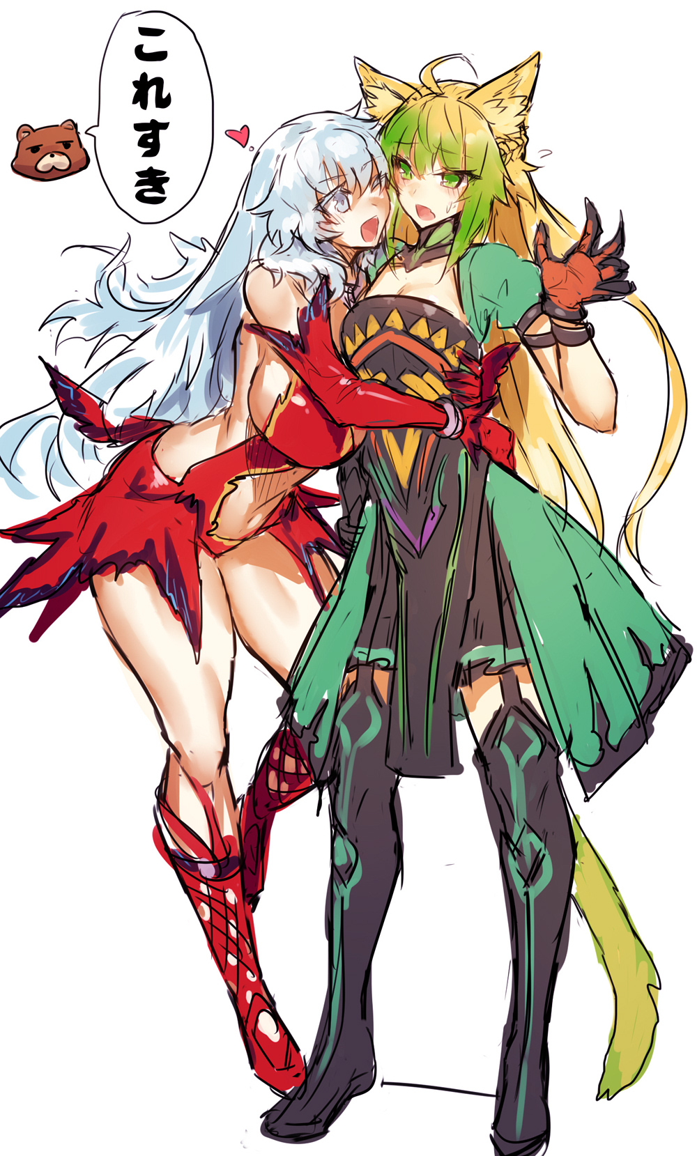 2girls ;d ahoge animal_ears artemis_(fate) artemis_(third_ascension)_(fate) atalanta_(fate) bear black_gloves blonde_hair boots breasts cleavage couple dress elbow_gloves fate/grand_order fate_(series) female_focus garter_straps gloves green_dress green_eyes green_hair heart highres hug knee_boots large_breasts long_hair looking_at_another melon22 multiple_girls navel one_eye_closed open_mouth orion_(bear)_(fate) puffy_short_sleeves puffy_sleeves red_gloves revealing_clothes short_sleeves silver_hair small_breasts smile speech_bubble stomach translated very_long_hair yuri