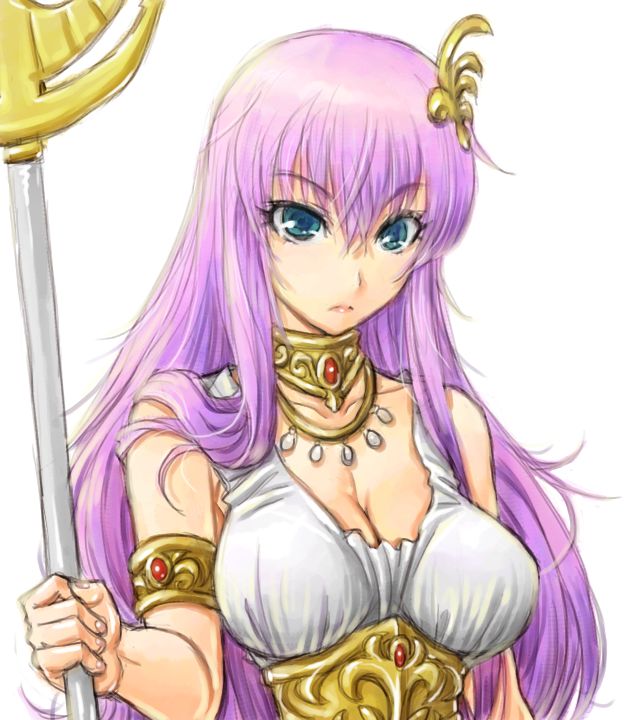 1girl amania_orz athena blue_eyes breasts cleavage collar dress female_focus jewelry kido_saori long_hair medium_breasts purple_hair saint_seiya solo staff