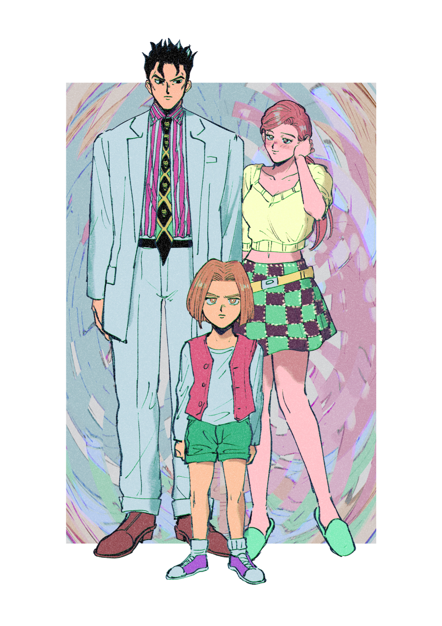 1girl 2boys black_hair brown_hair commentary diamond_wa_kudakenai formal_clothes highres jojo_no_kimyou_na_bouken kawajiri_hayato kawajiri_kosaku kawajiri_shinobu kira_yoshikage multiple_boys necktie oniyama831 ponytail short_hair shorts slippers spiked_hair