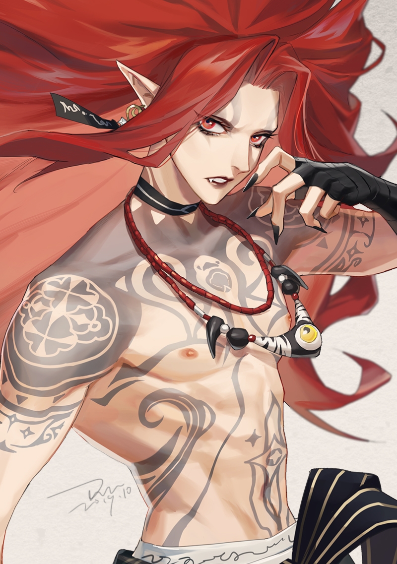1boy arm_tattoo artist_name black_gloves black_nails chest_tattoo choker earrings fang fingerless_gloves fingernails gloves jewelry long_hair looking_at_viewer male_focus necklace onmyoji pectorals pointy_ears red_eyes red_hair ru_(famia) sharp_fingernails shuten_douji_(onmyoji) signature simple_background solo tattoo teeth topless_male upper_body