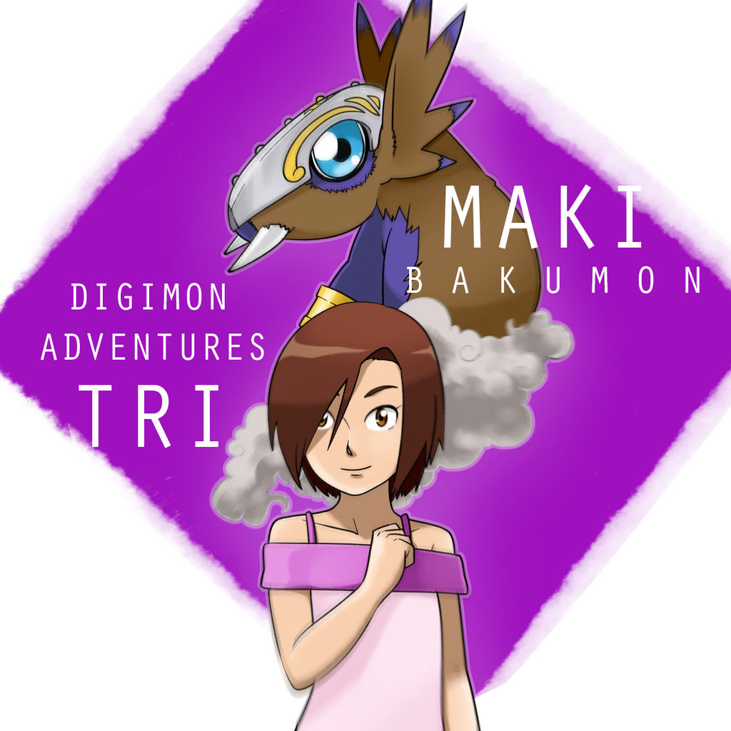 bakumon blue_eyes brown_hair digimon digimon_adventure_tri. himekawa_maki looking_at_viewer short_hair smile smoke tusks