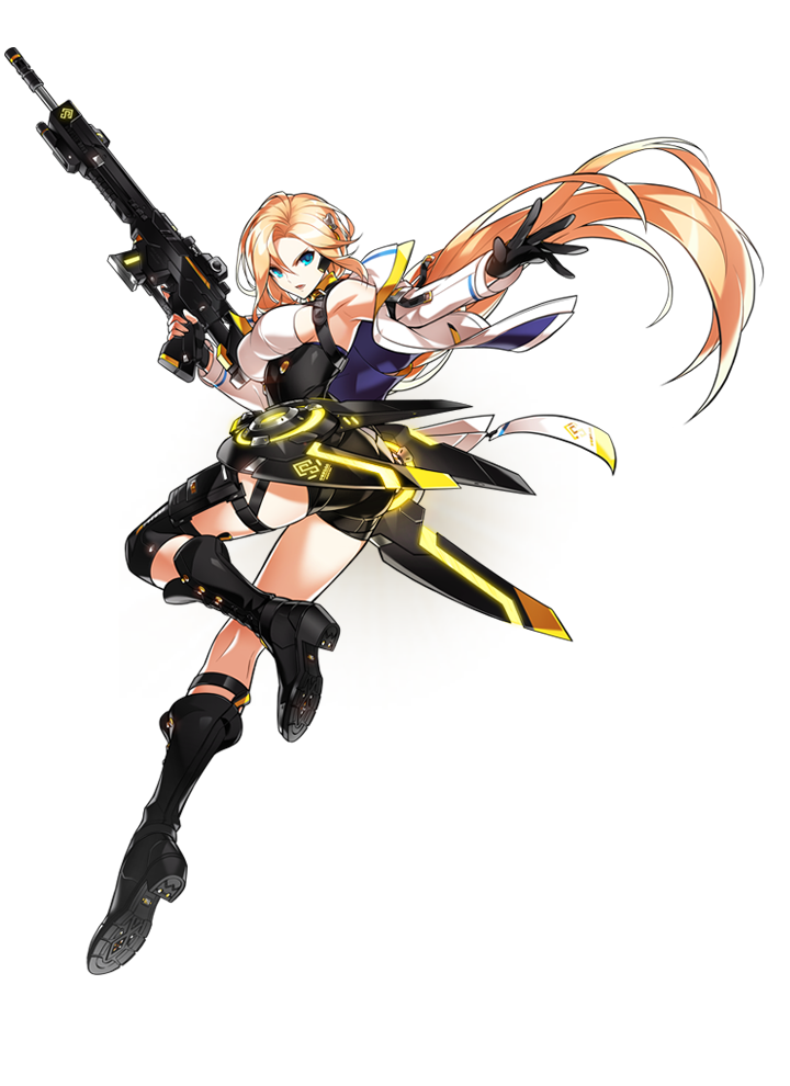 1girl armpits artist_request black_boots black_gloves black_shorts blonde_hair blue_eyes boots elsword female_focus fingerless_gloves full_body gloves gun holding holding_gun holding_weapon jacket knee_boots long_hair looking_at_viewer minerva_(elsword) official_art rose_(elsword) serious shorts solo transparent_background weapon white_jacket