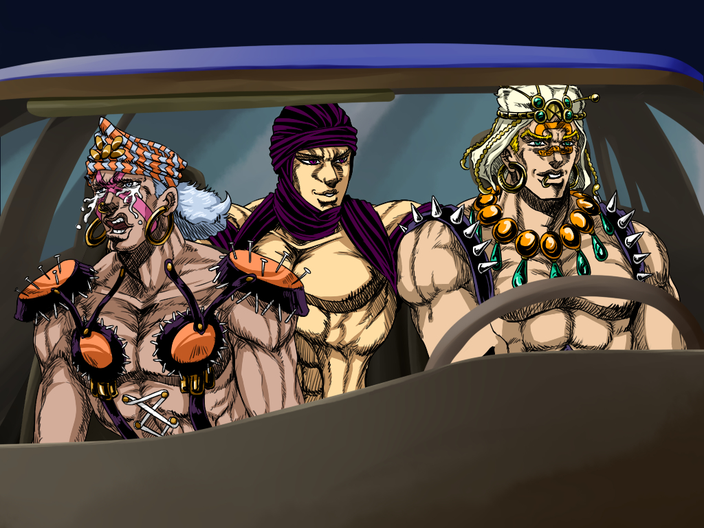 3boys battle_tendency blonde_hair blue_car blue_eyes braid car car_interior dark-skinned_male dark_skin earrings esidisi esidisi_crying_(meme) facial_mark grin hat headscarf headbanging hoop_earrings jewelry jojo_no_kimyou_na_bouken kars_(jojo) left-hand_drive lip_piercing lip_ring male_focus meme metamin_(memethah) multiple_boys muscular muscular_male necklace night official_style piercing red_eyes shoulder_pads shoulder_spikes smile spikes steering_wheel tattoo topless_male turban wamuu what_is_love_(meme) white_hair