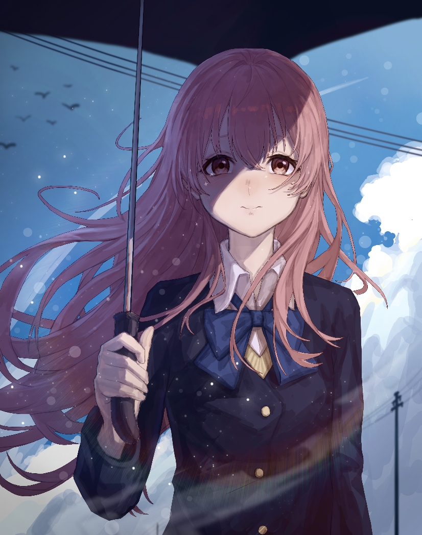 1girl black_jacket blazer blue_bow blue_bowtie blue_sky bow bowtie brown_eyes chinese_commentary closed_mouth cloud commentary_request day floating_hair fuka_(pixiv_84081952) hair_between_eyes hand_up holding holding_umbrella jacket koe_no_katachi lens_flare long_hair long_sleeves looking_at_viewer nishimiya_shouko outdoors pink_hair school_uniform sky solo umbrella upper_body