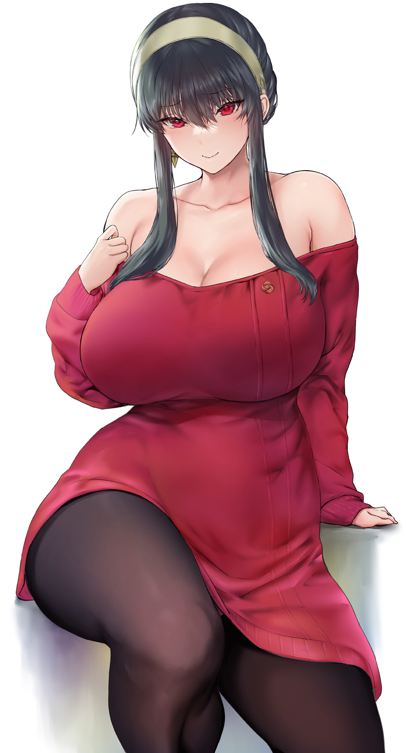 1girl bare_shoulders black_hair black_pantyhose blush breasts cleavage collarbone curvy earrings facing_viewer hairband highres jewelry large_breasts long_hair long_sleeves looking_at_viewer off-shoulder_sweater off_shoulder pantyhose red_eyes red_sweater shino_(comic_penguin_club) short_hair_with_long_locks sidelocks simple_background sitting smile solo spy_x_family sweater thighs white_background yor_briar