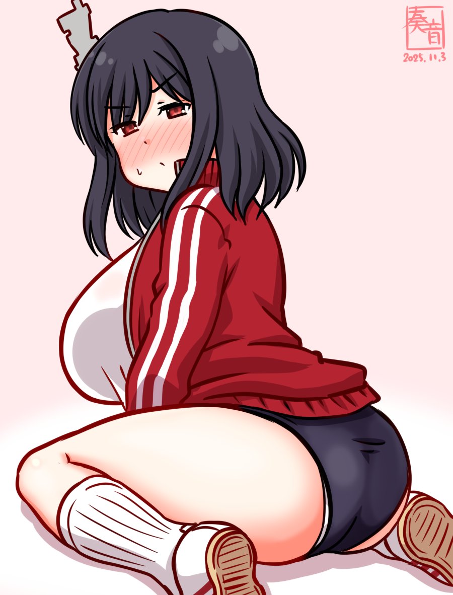 1girl artist_logo black_hair blue_buruma blush breasts buruma commentary_request dated gradient_background gym_shirt gym_uniform headgear jacket kanon_(kurogane_knights) kantai_collection large_breasts logo looking_at_viewer looking_back nose_blush one-hour_drawing_challenge panties panties_under_buruma pink_background red_eyes red_jacket shirt shoes short_hair socks solo t-shirt underwear white_shirt white_shoes white_socks yamashiro_(kancolle)