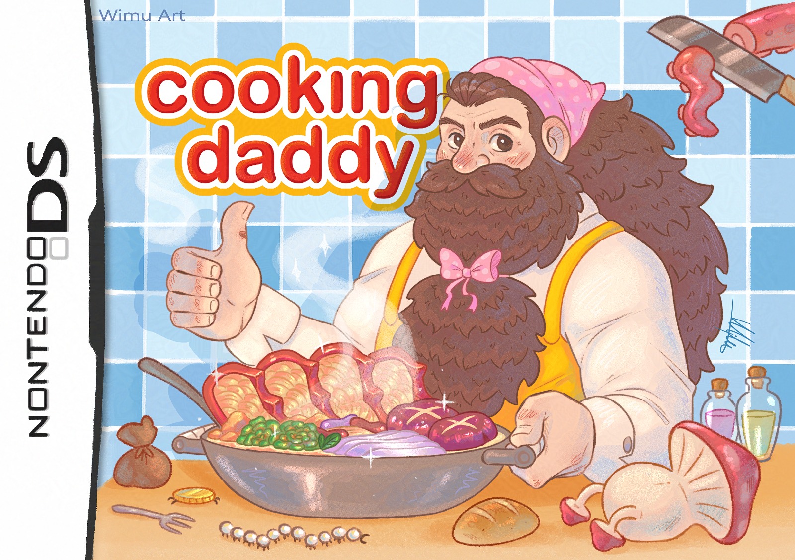 1boy apron artist_name beard beard_bow blue_background bottle bow bread brown_eyes brown_hair coin commentary cooking_mama cover dungeon_meshi facial_hair fake_cover food fork frying_pan headscarf highres kitchen_knife long_beard long_hair long_sleeves looking_at_viewer male_focus mushroom parody pearl_centipede_(dungeon_meshi) pink_bow pink_headscarf senshi_(dungeon_meshi) signature solo spanish_commentary steam tentacles thumbs_up tile_wall tiles treasure_bug_(dungeon_meshi) upper_body walking_mushroom_(dungeon_meshi) wimu_art yellow_apron