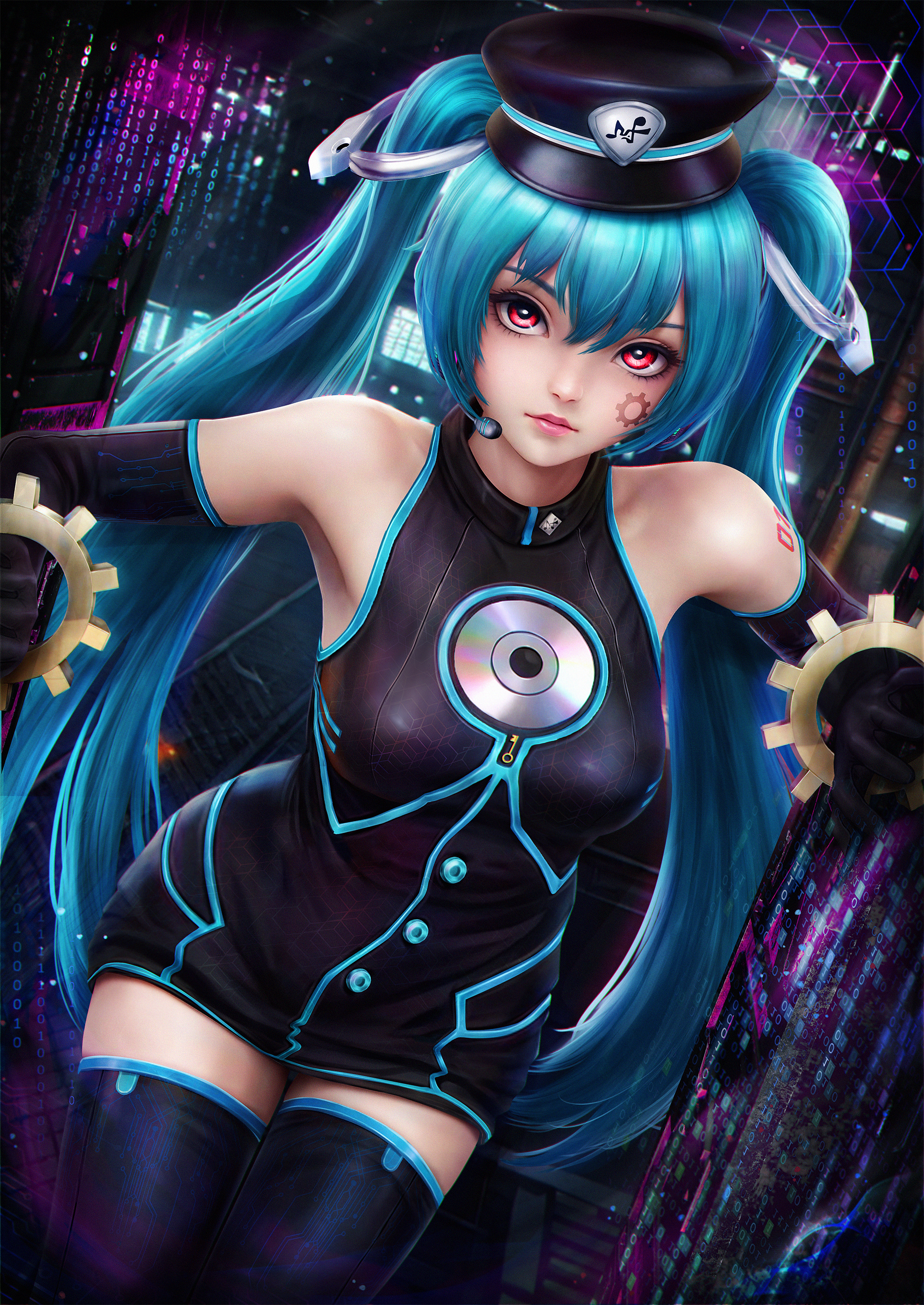 1girl absurdres aqua_hair black_boots black_dress black_hat boots breasts commentary_request dress gears hat hatsune_miku hatsune_miku_(factory_tyrant) headset highres long_hair looking_at_viewer project_diva_(series) red_eyes sadistic_music_factory_(vocaloid) shiny_clothes skin_tight solo standing thigh_boots twintails vocaloid yuuarts727