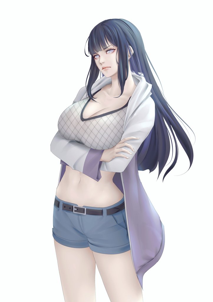 1girl belt belt_buckle black_hair blunt_bangs breasts buckle cleavage commentary crossed_arms denim denim_shorts frown hood hood_down hoodie hyuuga_hinata large_breasts long_hair long_sleeves naruto:_road_to_ninja naruto_(series) naruto_shippuuden navel no_pupils open_clothes open_hoodie purple_eyes shorts solo sunmoony white_background