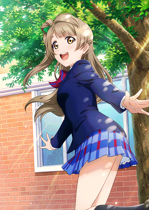 1girl :d anime_coloring black_shoes black_socks blazer blue_jacket blue_skirt blunt_bangs blush bow bowtie brick brick_wall brown_hair building cowboy_shot diagonal-striped_bow diagonal-striped_bowtie diagonal-striped_clothes dress_shirt from_below from_side green_bow hair_bow jacket kneehighs leg_up light_particles light_rays loafers long_hair long_sleeves looking_at_viewer looking_down looking_to_the_side love_live! love_live!_school_idol_festival love_live!_school_idol_project minami_kotori miniskirt nature official_art one_side_up open_hands open_mouth otonokizaka_school_uniform outdoors outstretched_arms palms petticoat plaid_clothes plaid_skirt plant pleated_skirt red_bow red_bowtie school school_uniform shirt shoes skirt smile socks solo spread_arms spread_fingers standing standing_on_one_leg striped_clothes sunbeam sunlight teeth three_quarter_view tree upper_teeth_only white_shirt window winter_uniform yellow_eyes