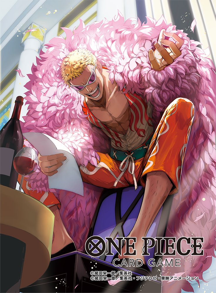 1boy blonde_hair bottle capri_pants coat copyright_name cup donquixote_doflamingo drinking_glass english_text feather_coat feet_on_chair holding holding_paper indoors leg_hair male_focus moreshan muscular muscular_male official_art one_piece one_piece_card_game open_clothes open_mouth orange_pants pants paper pink_coat short_hair sitting sunglasses teeth tongue wine_bottle wine_glass