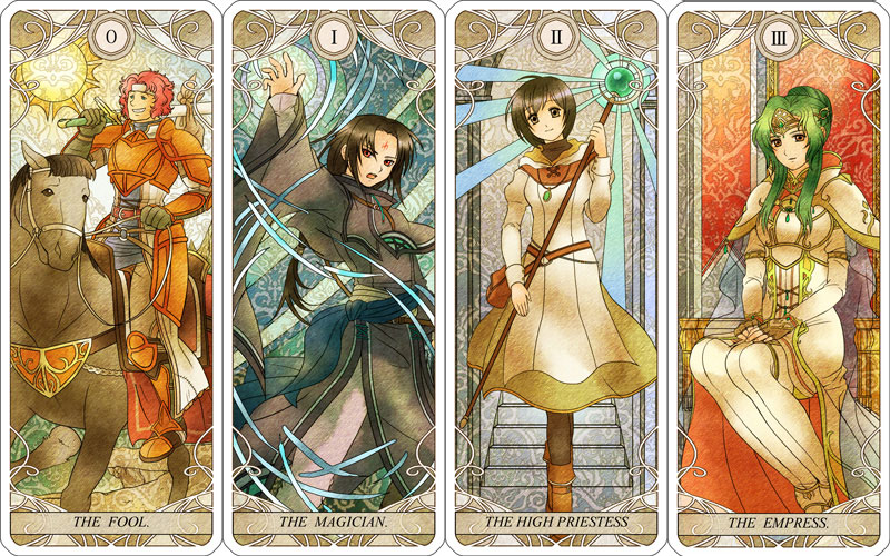 2boys 2girls arm_up armor armored_boots armored_dress bad_id bad_pixiv_id black_hair boots brown_gloves brown_pants card_(medium) crown dress elincia_ridell_crimea facial_tattoo fingerless_gloves fire_emblem fire_emblem:_radiant_dawn gloves green_hair grey_pants grin hairband holding holding_staff holding_sword holding_weapon horse laura_(fire_emblem) long_hair makalov_(fire_emblem) multiple_boys multiple_girls nemupon_(goodlucky) nintendo open_mouth pants pauldrons ponytail red_eyes red_hair riding see-through_clothes short_hair shoulder_armor sidelocks sitting smile soren_(fire_emblem) staff sun sword tarot tarot_(medium) tattoo the_empress_(tarot) the_fool_(tarot) the_magician_(tarot) weapon