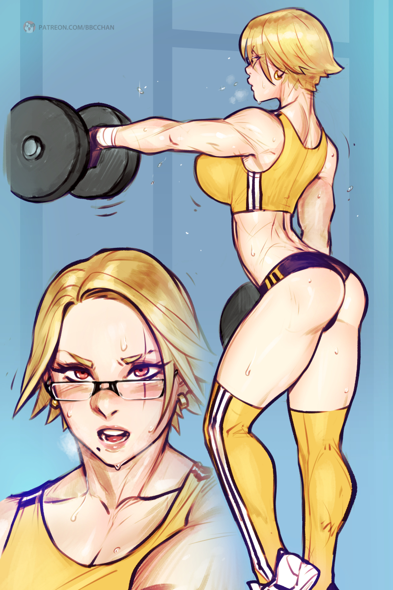1girl bbc-chan blonde_hair blue_background blush breasts breath buruma close-up collarbone earrings exercising eyelashes flying_sweatdrops forehead glasses gym highres jewelry large_breasts mole mole_under_mouth multiple_views muscular muscular_female open_mouth original outstretched_arm patreon_username pink_eyes profile short_hair sports_bra sportswear stomach strong sweat thighhighs thighs weightlifting weights