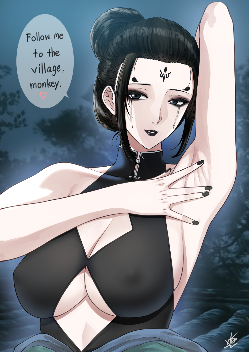 1girl arm_up armpit_focus armpits black_eyes black_hair black_lips black_myth:_wukong black_nails breasts chinese_clothes covered_erect_nipples facial_mark forehead_mark fourth_sister_(black_myth:_wukong) hair_bun hair_ornament highres large_breasts looking_at_viewer makeup nail_polish presenting_armpit runny_makeup solo speech_bubble toenail_polish toenails upper_body xter