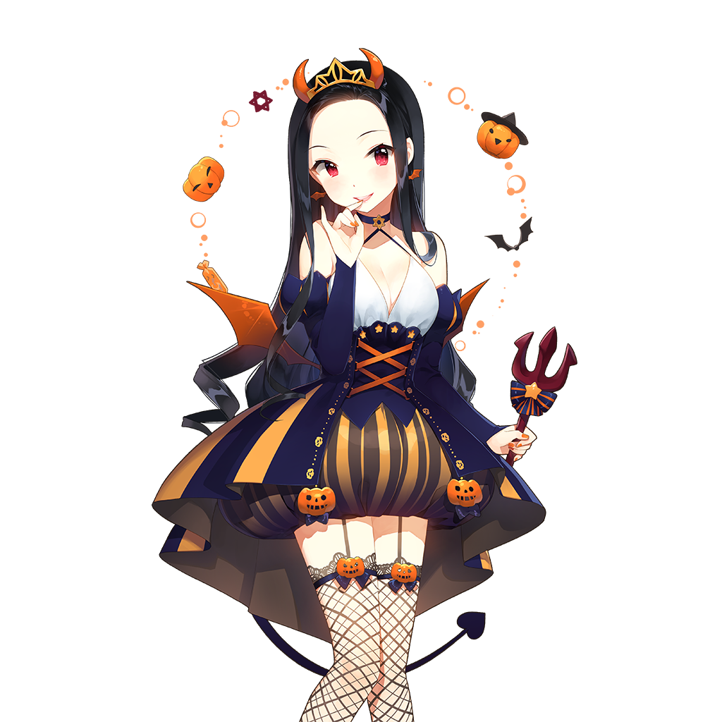 1girl ahoge bare_shoulders black_hair black_nails black_skirt blush bow breasts candy choker clarice_lapis cleavage closed_mouth collarbone corset cowboy_shot crown demon_tail detached_sleeves dress earrings fishnets food forehead full_body garter_straps ghost hair_ornament halloween holding horns jack-o&#039;-lantern jewelry large_breasts lollipop long_hair long_sleeves looking_at_viewer medium_breasts nail_polish polearm pumpkin red_eyes salt_(salty) single_thighhigh skirt small_breasts smile solo spider_web_print standing suspenders tail thighhighs transparent_background trident uchi_no_hime-sama_ga_ichiban_kawaii weapon white_background wings zettai_ryouiki