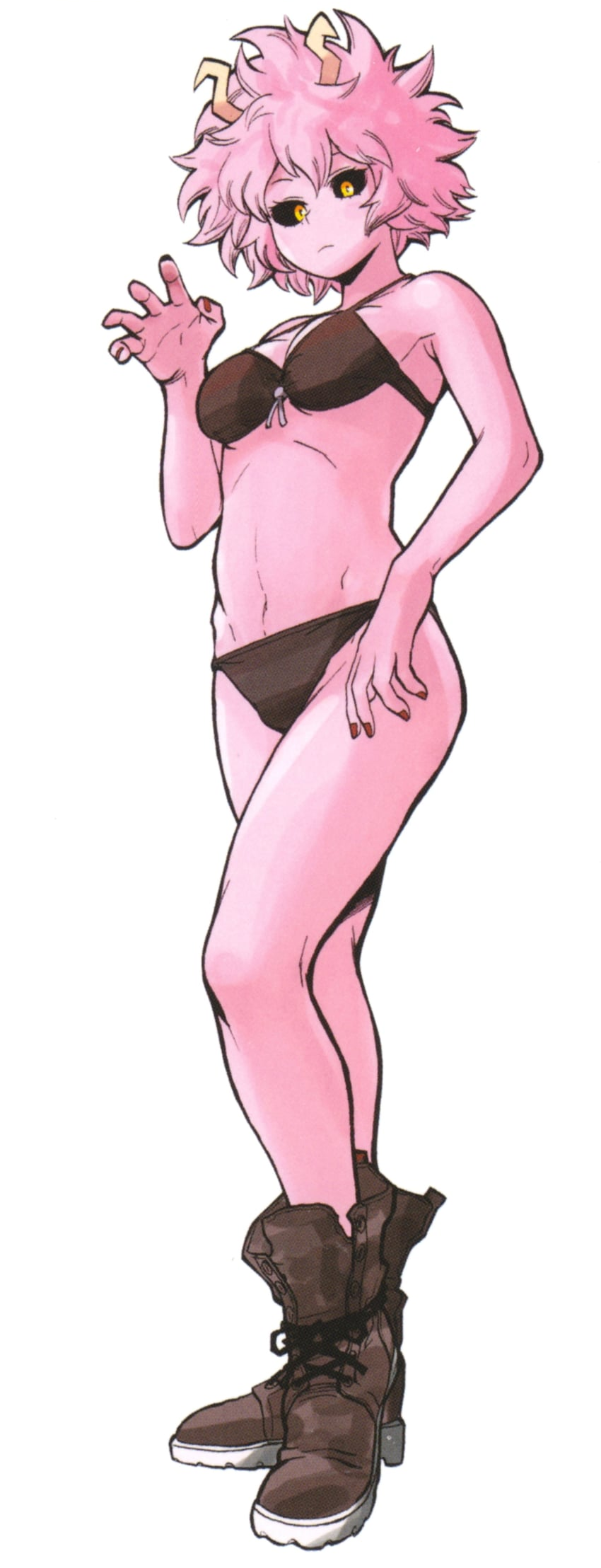 1girl 2016 alternate_language armpits ashido_mina ass bare_hips bare_legs bikini black_bikini black_bra black_panties black_sclera boku_no_hero_academia bones_(company) boots bra colored_sclera colored_skin cover cover_page curly_hair french_text full_body groin highres horikoshi_kouhei horns knees legs looking_at_viewer manga_cover messy_hair nail_polish official_art panties pink_hair pink_skin red_nails scan shoes short_hair shounen_jump simple_background solo standing swimsuit thighs translated underwear underwear_only white_background yellow_eyes yellow_horns
