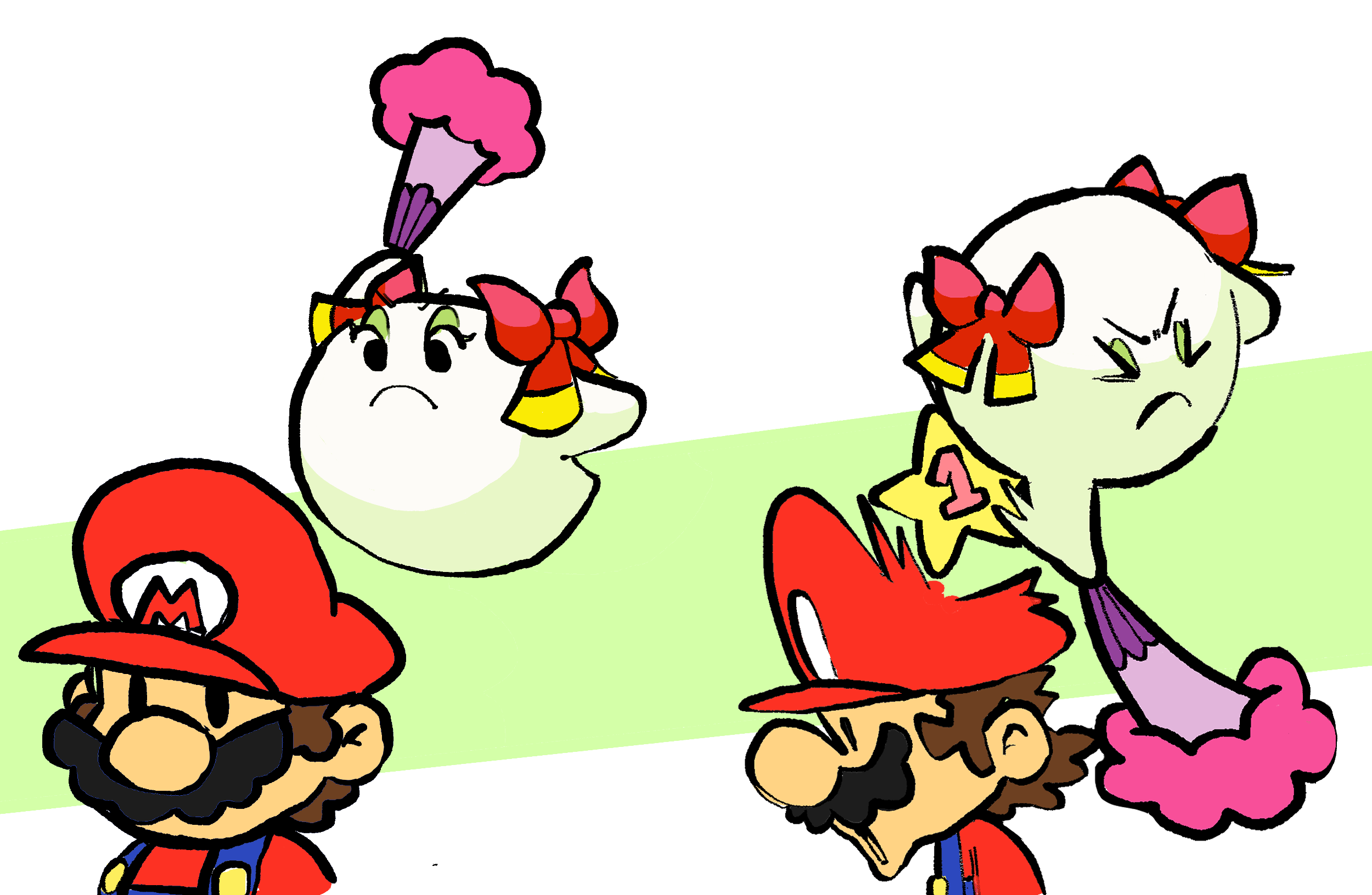 1boy 1girl boo_(mario) bow bow_(paper_mario) brown_hair drawfag eyelashes eyeshadow facial_hair ghost hair_bow hand_fan hat highres makeup mario mario_(series) mustache nintendo overalls paper_fan paper_mario paper_mario_64 slapping smack
