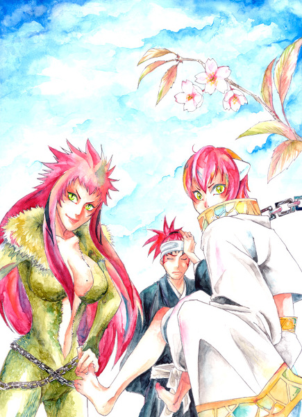 animal_ears bleach bleach:_zanpakutou_ibun_hen breasts cleavage green_eyes pink_hair tail zabimaru
