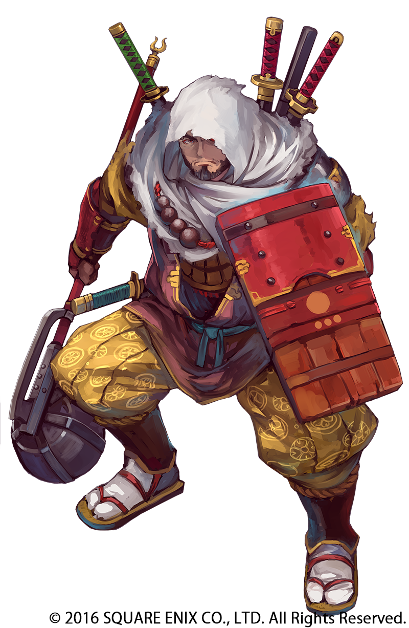 1boy armor baggy_pants beard black_hair copyright_notice dark_skin facial_hair full_body grimms_notes highres holding holding_mace holding_weapon japanese_armor japanese_clothes katana mace male_focus multiple_weapons musashibou_benkei_(grimms_notes) official_art pants red_eyes sandals sheath sheathed shield simple_background socks solo suzuno_(bookshelf) sword weapon white_background white_hood white_socks
