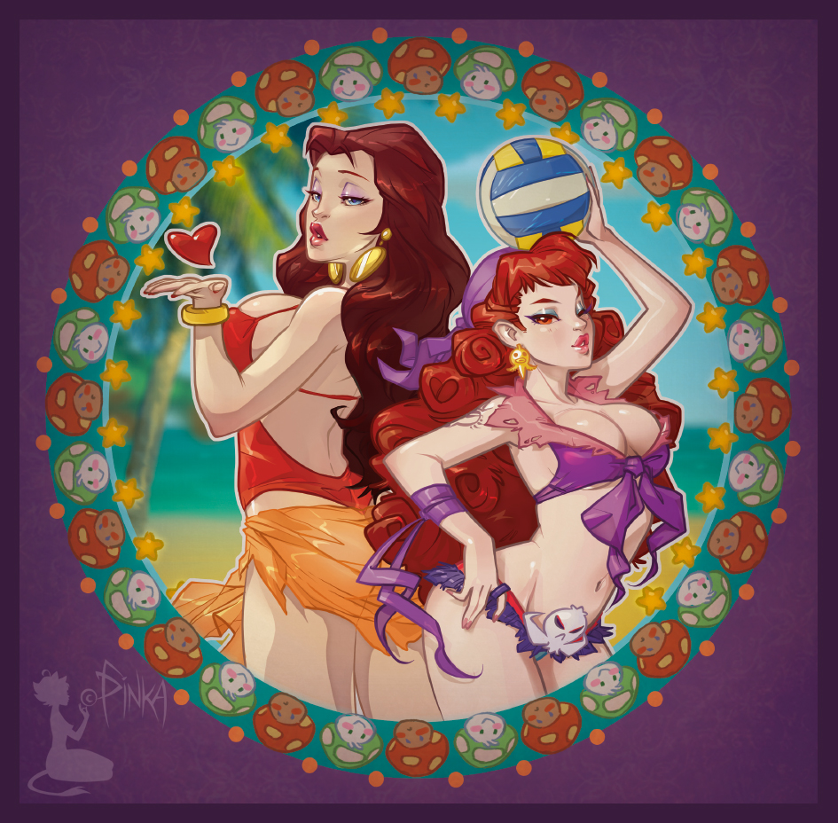 2girls arettes arm_up ball bandana beachball blue_eyes breasts brown_hair captain_syrup cleavage donkey_kong_(1981_game) donkey_kong_(series) eyeshadow hand_up heart legs lips long_hair make makeup mario_(series) mayor multiple_girls nail_polish nintendo pants pauline_(mario) pirate red_eyes red_hair shoes skull sleeveless tagme thighs thong tomboy wario_land wario_land:_shake_it!