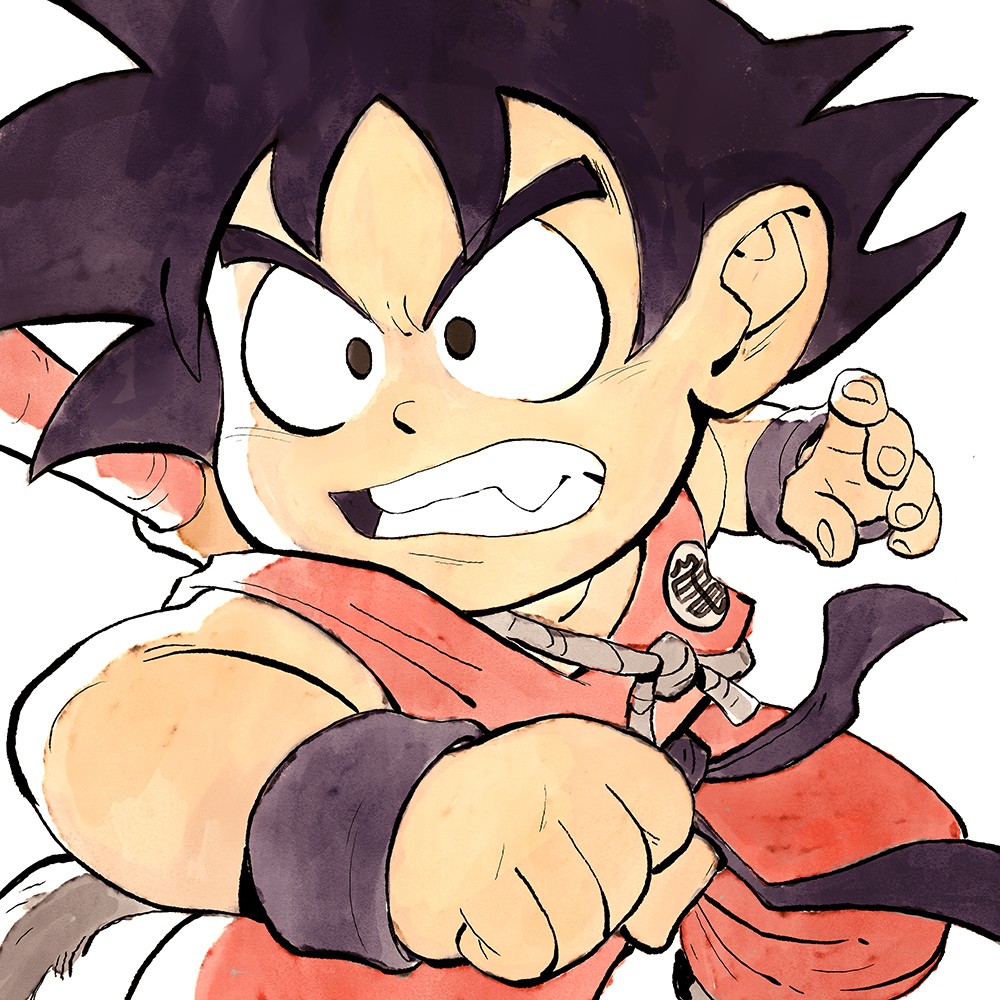1boy armband black_eyes black_hair clenched_hand clenched_teeth dragon_ball garrett_hanna monkey_tail orange_dougi ruyi_jingu_bang simple_background son_goku spiked_hair tail teeth weapon white_background
