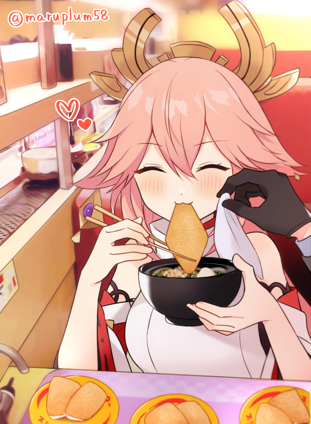 1boy 1girl :3 blush bowl chopsticks closed_eyes conveyor_belt_sushi detached_sleeves eating food genshin_impact gloves hair_flaps handkerchief headpiece heart highres holding holding_bowl holding_chopsticks inarizushi kamisato_ayato long_hair maaru_(asato_maaru) out_of_frame pink_hair plate smile solo_focus sushi table wiping_face yae_miko
