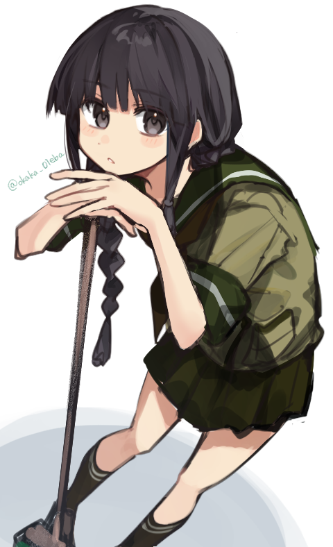 1girl black_eyes black_hair braid cleaning_brush feet_out_of_frame green_sailor_collar green_serafuku green_shirt green_skirt hair_over_shoulder kantai_collection kitakami_(kancolle) leaning_forward pleated_skirt sailor_collar school_uniform serafuku shirt single_braid skirt solo tsumikitsuki_(katsuobushi)