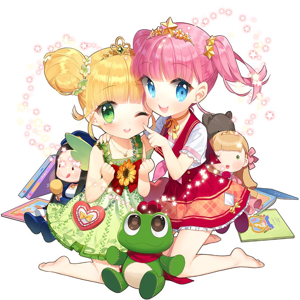 2girls akane_garnet aqua_eyes double_bun dress green_dress hair_bun multiple_girls pink_hair red_dress salt_(salty) sapphire_emerald sketchbook stuffed_toy tiara twintails uchi_no_hime-sama_ga_ichiban_kawaii