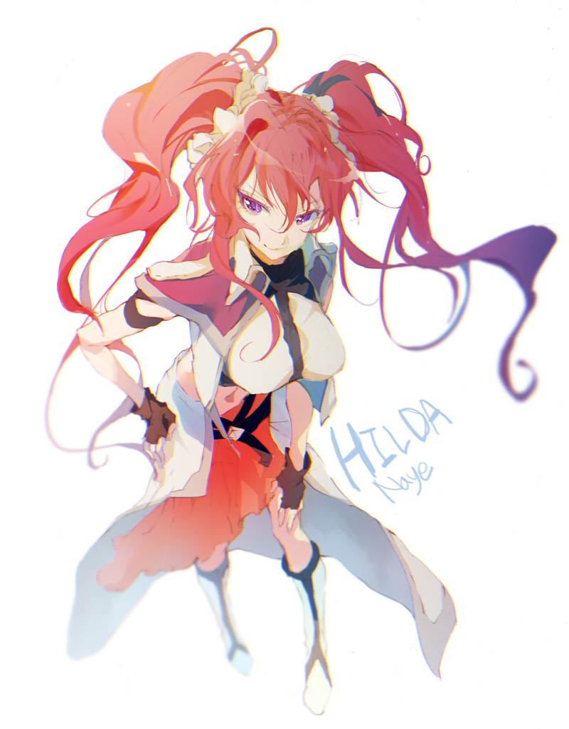 10s 1girl artist_name bad_id bad_pixiv_id breasts character_name cross_ange female_focus fingerless_gloves gloves hand_on_own_hip hilda_(cross_ange) large_breasts naye purple_eyes red_hair simple_background smile solo white_background
