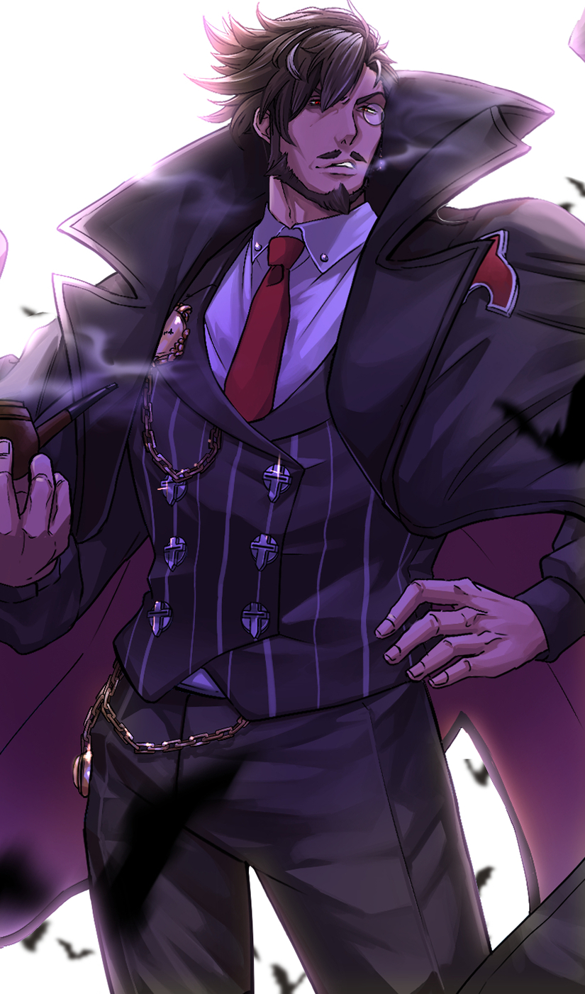 1boy backlighting beard brown_hair cigar coat facial_hair full_beard guilty_gear highres holding holding_cigar itaru_(kidomh63) looking_at_viewer male_focus mature_male mustache pants pencil_mustache short_hair slayer_(guilty_gear) smoking solo thick_eyebrows