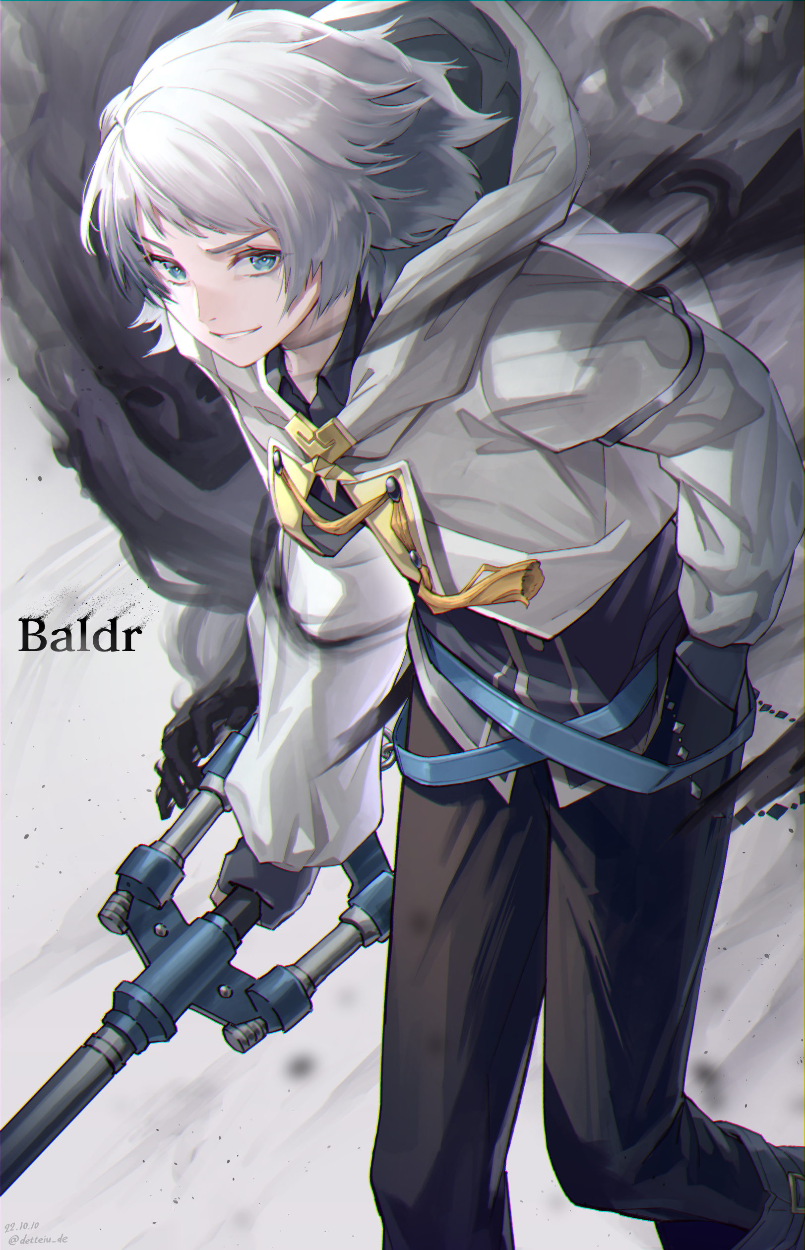 1boy absurdres baldr_(kingdom_hearts) black_boots black_gloves black_pants blue_eyes boots chain character_name clasp commentary darkness dated gloves gogo_(detteiu_de) grey_background grey_hair grin hand_in_pocket highres holding holding_weapon hood hoodie keyblade kingdom_hearts kingdom_hearts_dark_road leaning_forward long_sleeves looking_at_viewer male_focus pants sideways_glance smile solo spoilers twitter_username weapon white_hoodie