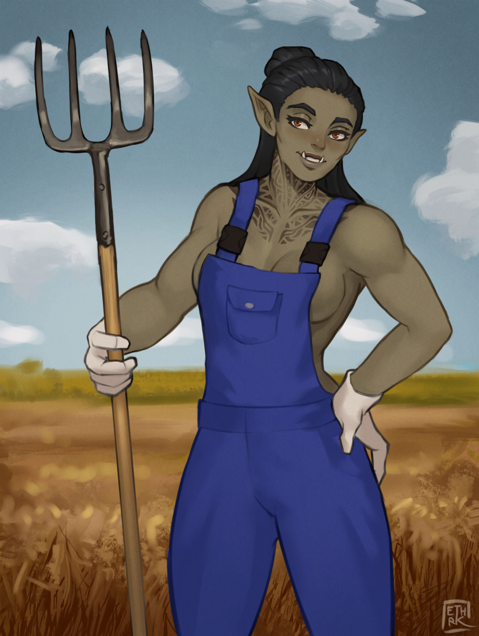 1girl artist_logo artist_name bare_arms bare_shoulders black_hair blue_overalls breasts cloud colored_skin commentary day english_commentary ethrkart fangs female_orc field gloves grey_skin hair_bun hand_on_own_hip highres holding holding_pitchfork logo long_hair looking_at_viewer medium_breasts naked_overalls neck_tattoo orc original outdoors overalls parted_lips pitchfork pointy_ears red_eyes smile solo tattoo underbite white_gloves