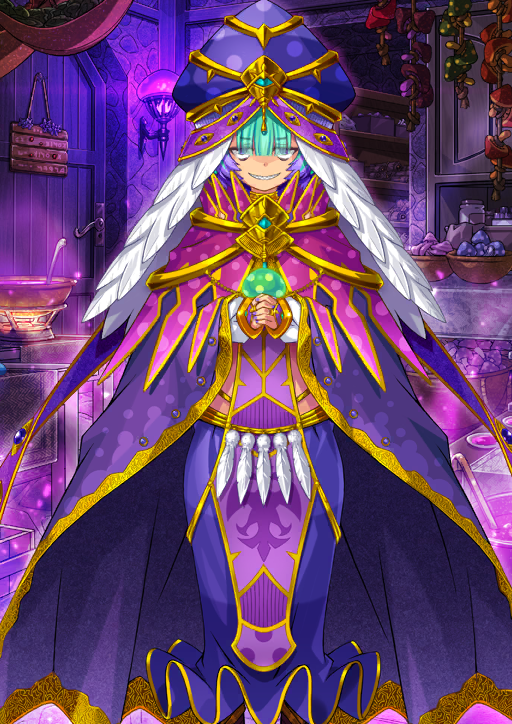 1girl black_(artist) blunt_bangs cape center-flap_bangs fate/grand_order fate_(series) feet_out_of_frame game_cg gold_choker green_hair grin hair_over_eyes hands_up hat holding holding_mushroom locusta_(fate) locusta_(second_ascension)_(fate) long_sleeves looking_at_viewer multicolored_hair mushroom official_art own_hands_together purple_cape purple_eyes purple_hair purple_hat purple_skirt sharp_teeth short_hair sidelocks skirt smile solo standing teeth third-party_source two-tone_hair variant_set