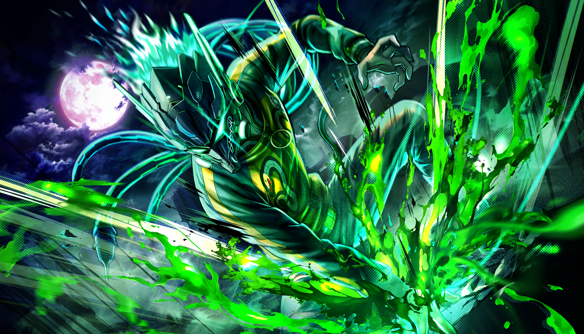 1boy belt claw_pose cloud cloudy_sky facing_viewer full_moon helmet highres jacket male_focus moon motion_lines night night_sky non-web_source official_art pants sky solo splatter takinogawa_jio tribe_nine
