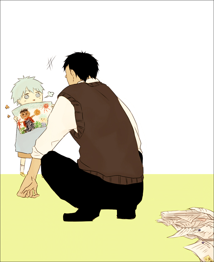 +++ 2boys aged_down aomine_daiki aqua_hair black_border black_hair black_pants black_shoes blue_eyes blue_shirt border brown_shorts brown_vest child child&#039;s_drawing collared_shirt dark-skinned_male dark_skin dress_shoes face-to-face from_behind full_body gunzoumi hair_between_eyes holding holding_paper kneehighs kuroko_no_basuke kuroko_tetsuya long_sleeves looking_at_another messy_hair multiple_boys pants paper paper_star school_uniform shirt shoes short_hair shorts sleeve_cuffs socks squatting_cowgirl_position sweater_vest three-quarter_sleeves two-tone_background vest white_background white_shirt white_socks yellow_background yellow_shoes
