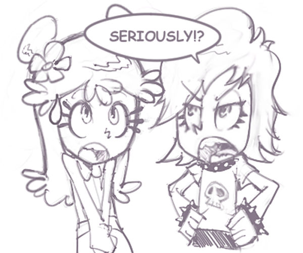 2girls ami_onuki angry bracelet cartoon_network collar conoghi double_bun dress flower goth_fashion hair_bun hair_flower hair_ornament hands_on_own_hips hi_hi_puffy_amiyumi jewelry long_hair monochrome multiple_girls open_mouth print_shirt shirt short_hair short_sleeves skirt skull_print sleeveless sleeveless_dress speech_bubble spiked_bracelet spiked_collar spikes standing sweatdrop teeth upper_body yumi_yoshimura