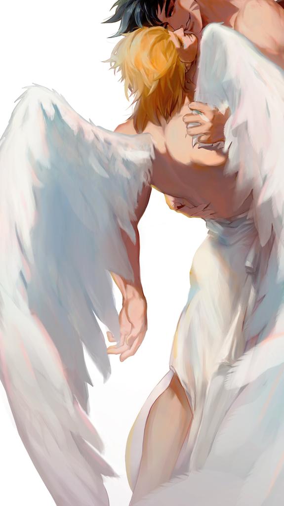 2boys angel angel_and_devil angel_wings battle_tendency black_hair blonde_hair caesar_anthonio_zeppeli demon_boy facial_mark grabbing_another&#039;s_wing jojo_no_kimyou_na_bouken joseph_joestar joseph_joestar_(young) male_focus multiple_boys suzuri513 toga topless_male wings