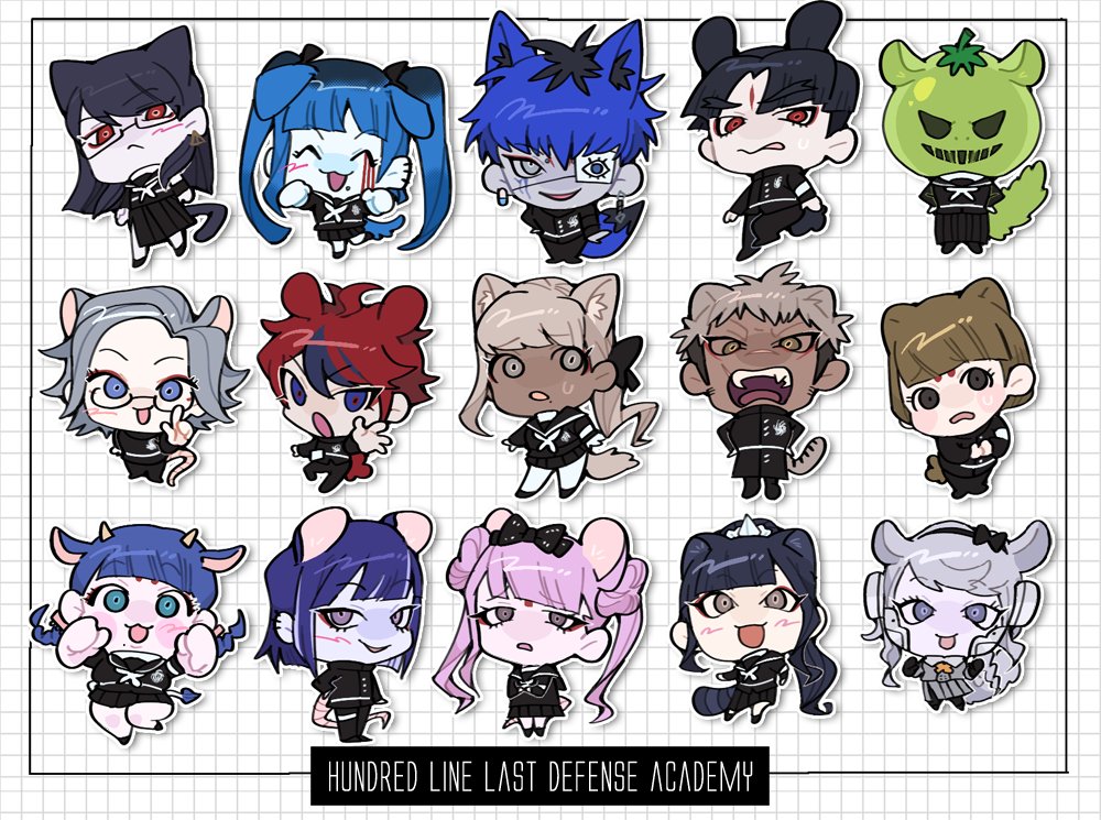 amemiya_darumi animal_ears aotsuki_eito black_hair blood bloody_tears blue_hair cat_ears cat_tail chibi closed_eyes cow_horns cow_tail dark-skinned_female dark-skinned_male dark_skin dog_ears fox_ears fox_tail ginzaki_shouma glasses horns kawana_tsubasa kirifuji_nozomi last_defense_academy_school_uniform magadori_kyoshika maruko_gaku mask mask_on_head mojiro_moko mouse_ears mouse_tail multicolored_hair multiple_boys multiple_girls omokage_yugamu oosuzuki_kurara pink_hair pleated_skirt red_eyes red_hair shizuhara_hiruko skirt sumino_takumi tail the_hundred_line_-last_defense_academy- thighhighs tokimekiwaku tsukumo_ima tsukumo_kako white_thighhighs yakushiji_takemaru