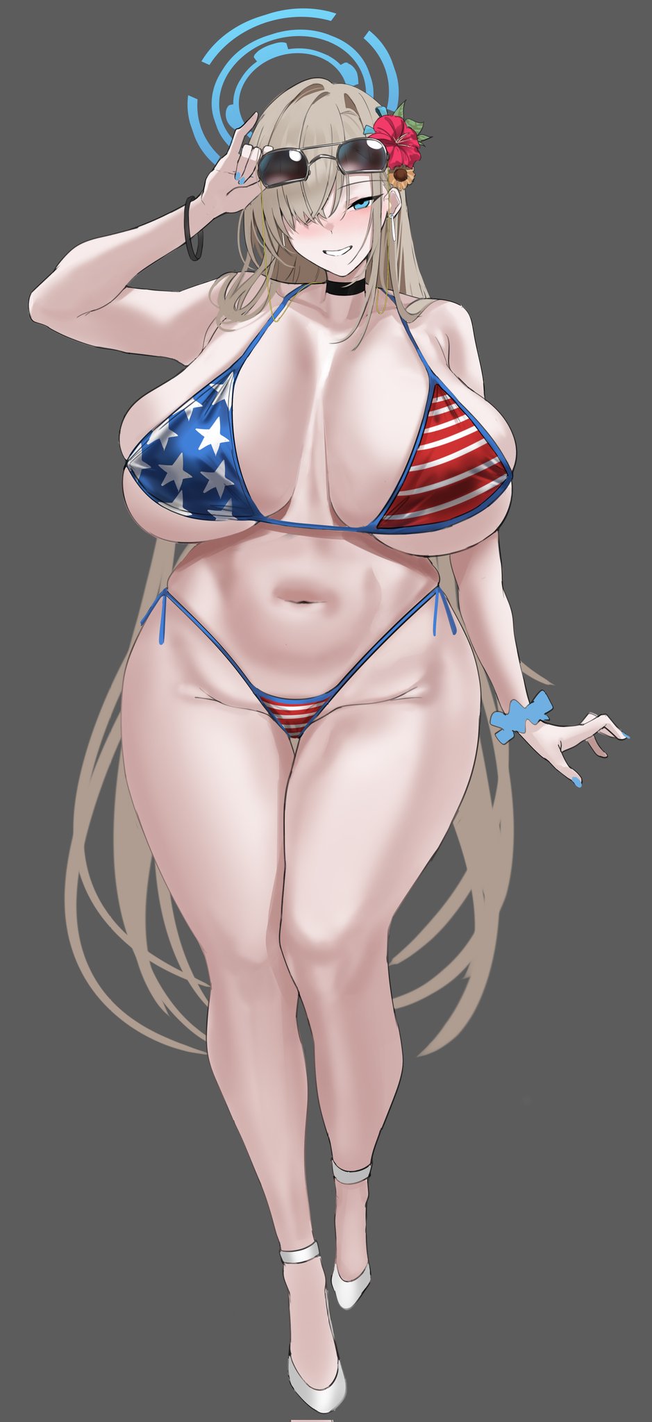 1girl adjusting_eyewear american_flag american_flag_bikini american_flag_print anklet asuna_(blue_archive) bikini black_choker blonde_hair blue_archive blue_eyes blue_nails blush bracelet breasts breasts_apart choker earrings flag_print flag_print_bikini flower flower_on_head grey_background hair_over_one_eye halo high_heels highleg highleg_bikini highres huge_breasts jewelry long_hair morning_glory nail_polish navel one_eye_covered plump print_bikini quanzidongziben scrunchie shoes side-tie_bikini_bottom smile solo standing sunglasses sunglasses_on_head swimsuit thick_thighs thigh_gap thighs very_long_hair white_shoes wide_hips wrist_scrunchie