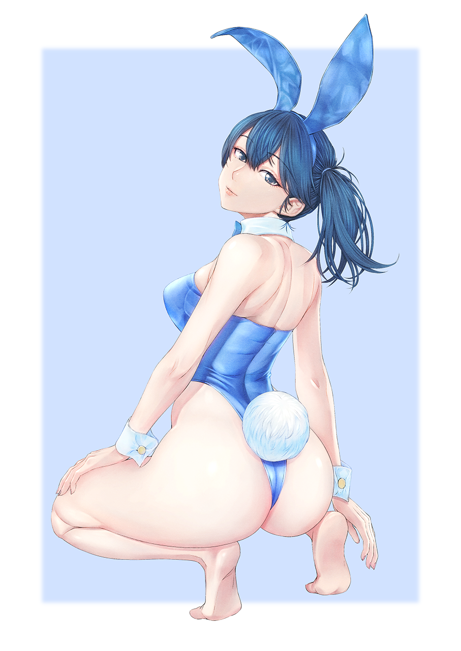 1girl animal_ears ass barefoot blue_bow blue_bowtie blue_hairband blue_leotard bow bowtie breasts detached_collar fake_animal_ears fake_tail from_behind full_body hairband highleg highleg_leotard highres kaga_(kancolle) kantai_collection leotard looking_back medium_breasts playboy_bunny rabbit_ears rabbit_tail solo squatting tail thong_leotard yuichi_(sp_sakura_yoshi)