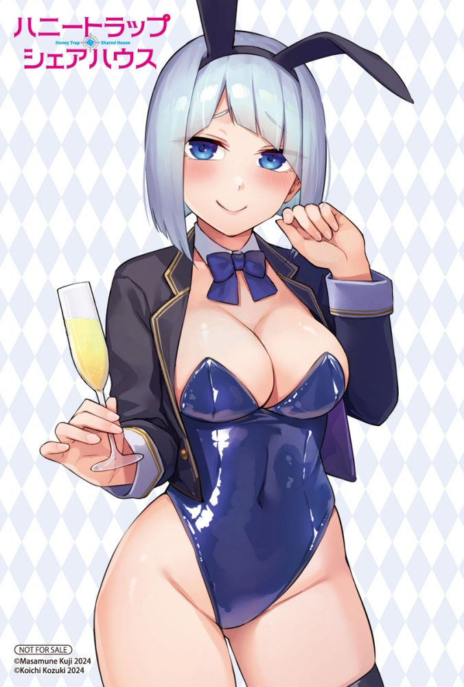 1girl animal_ear_hairband animal_ears aqua_hair artist_name black_thighhighs blazer blue_bow blue_bowtie blue_eyes bob_cut bow bowtie breasts checkered_background cleavage clenched_hand copyright_logo covered_erect_nipples covered_navel cropped_jacket cup curvy detached_collar drinking_glass fake_animal_ears groin hairband hand_up highleg highleg_leotard hiiragi_seraphy holding holding_cup honey_trap_shared_house jacket kouzuki_kouichi latex latex_leotard leotard medium_breasts no_bra no_panties official_art open_clothes open_jacket playboy_bunny rabbit_ear_hairband rabbit_ears raised_inner_eyebrows second-party_source sleeve_cuffs smile solo strapless strapless_leotard thighhighs wide_hips wine_glass