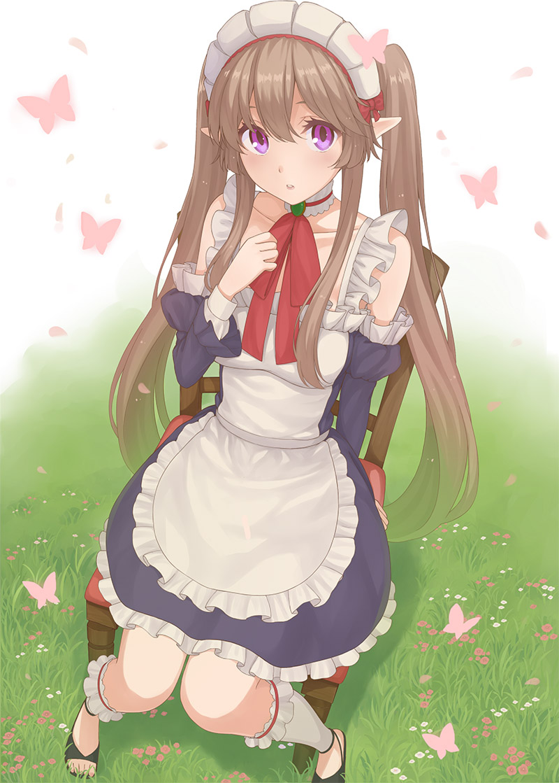 10s 1girl apron blush breasts brown_hair bug butterfly chair commentary_request day detached_sleeves dress elf female_focus frills grass insect long_hair looking_at_viewer maid maid_headdress myucel_foalan nananichi outbreak_company outdoors pointy_ears purple_eyes ribbon sitting solo twintails very_long_hair white_legwear