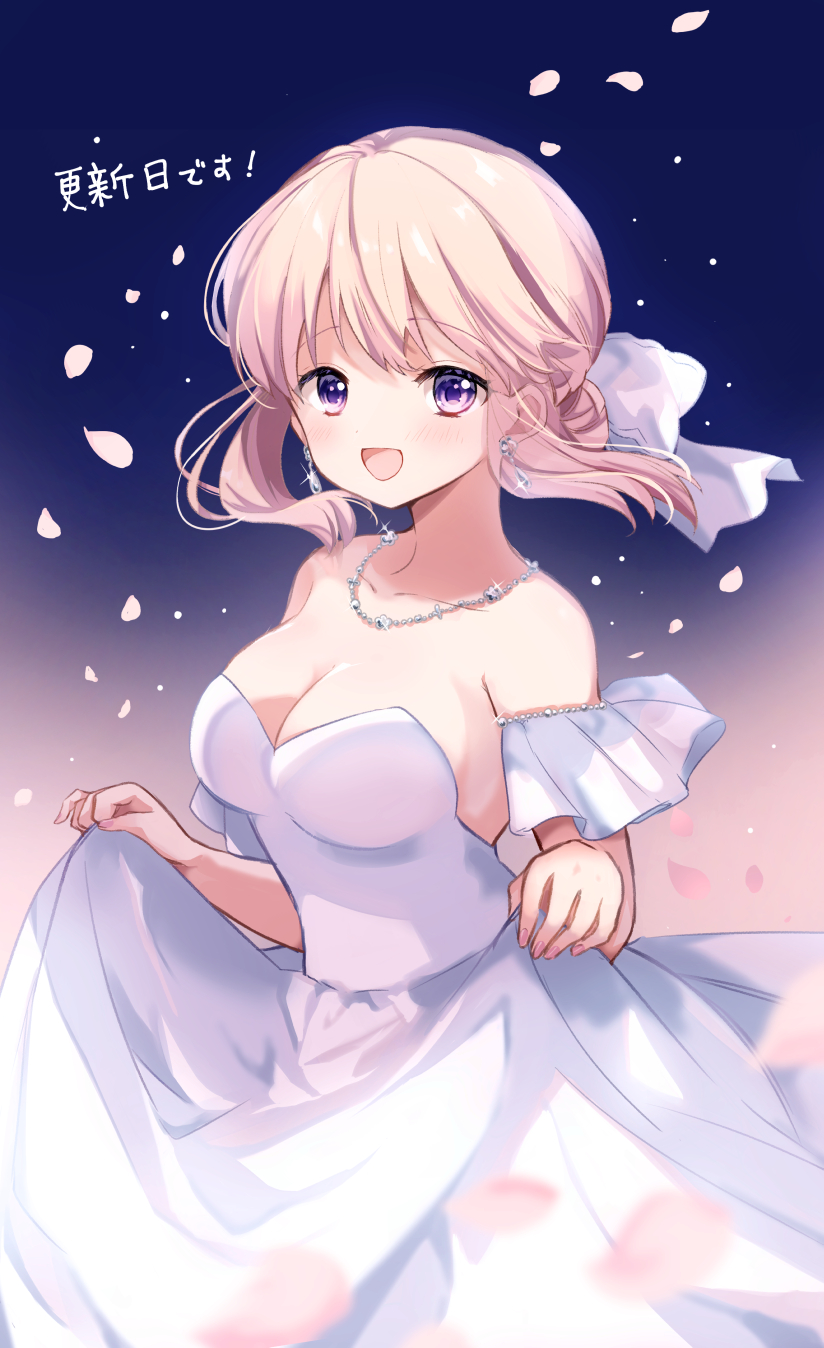 1girl bare_shoulders blonde_hair blush breasts cleavage commentary_request cowboy_shot detached_sleeves dress falling_petals hair_ribbon hara_yui highres jewelry looking_at_viewer majo_wa_mangetsu_ni_saku medium_breasts minato_shima necklace open_mouth petals purple_eyes ribbon short_sleeves skirt_hold smile solo strapless strapless_dress translation_request wedding_dress white_dress white_ribbon