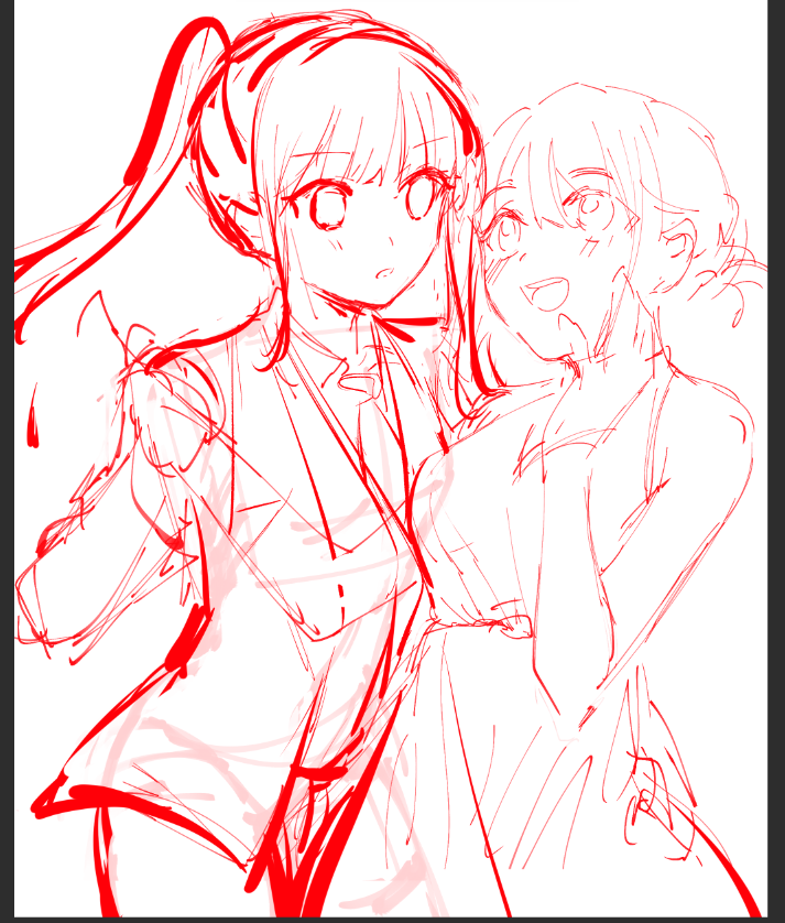 2girls :d armpit_crease bare_shoulders breasts chinese_commentary collared_shirt commentary_request dress formal_clothes hand_up inoue_takina jacket large_breasts long_hair looking_at_another lycoris_recoil multiple_girls necktie nishikigi_chisato official_alternate_costume open_clothes open_jacket open_mouth pant_suit pants parted_lips ponytail sankin_(_sankin510) shirt short_hair sidelocks simple_background sketch sleeveless sleeveless_dress smile suit taking_another&#039;s_hand teeth unfinished upper_teeth_only white_background yuri