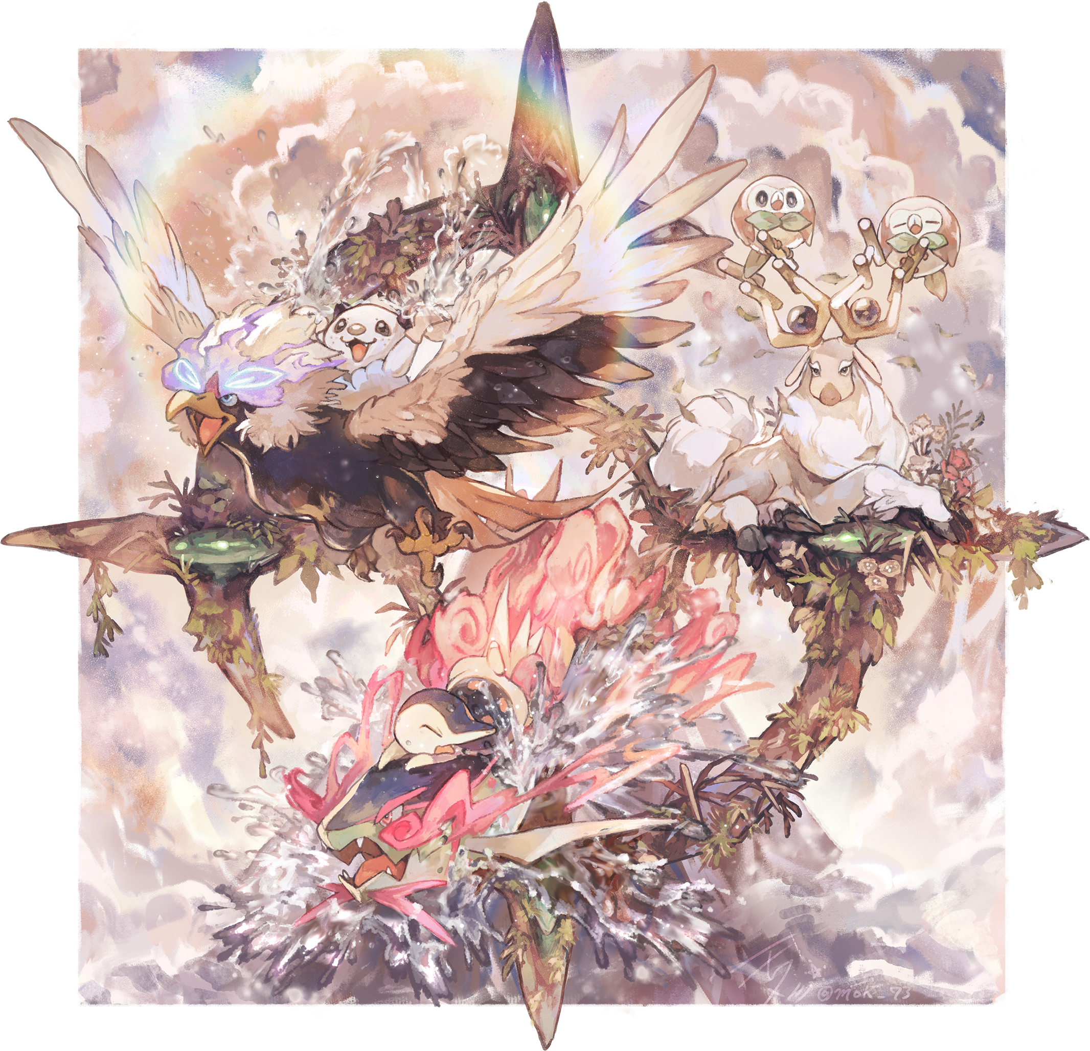 antlers basculegion basculegion_(male) beak cyndaquil fangs fire flower flying gen_2_pokemon gen_5_pokemon gen_7_pokemon highres hisuian_braviary horns mokunami nintendo no_humans open_mouth oshawott perching plant pokemon pokemon_(creature) rowlet sitting smile water wings wyrdeer