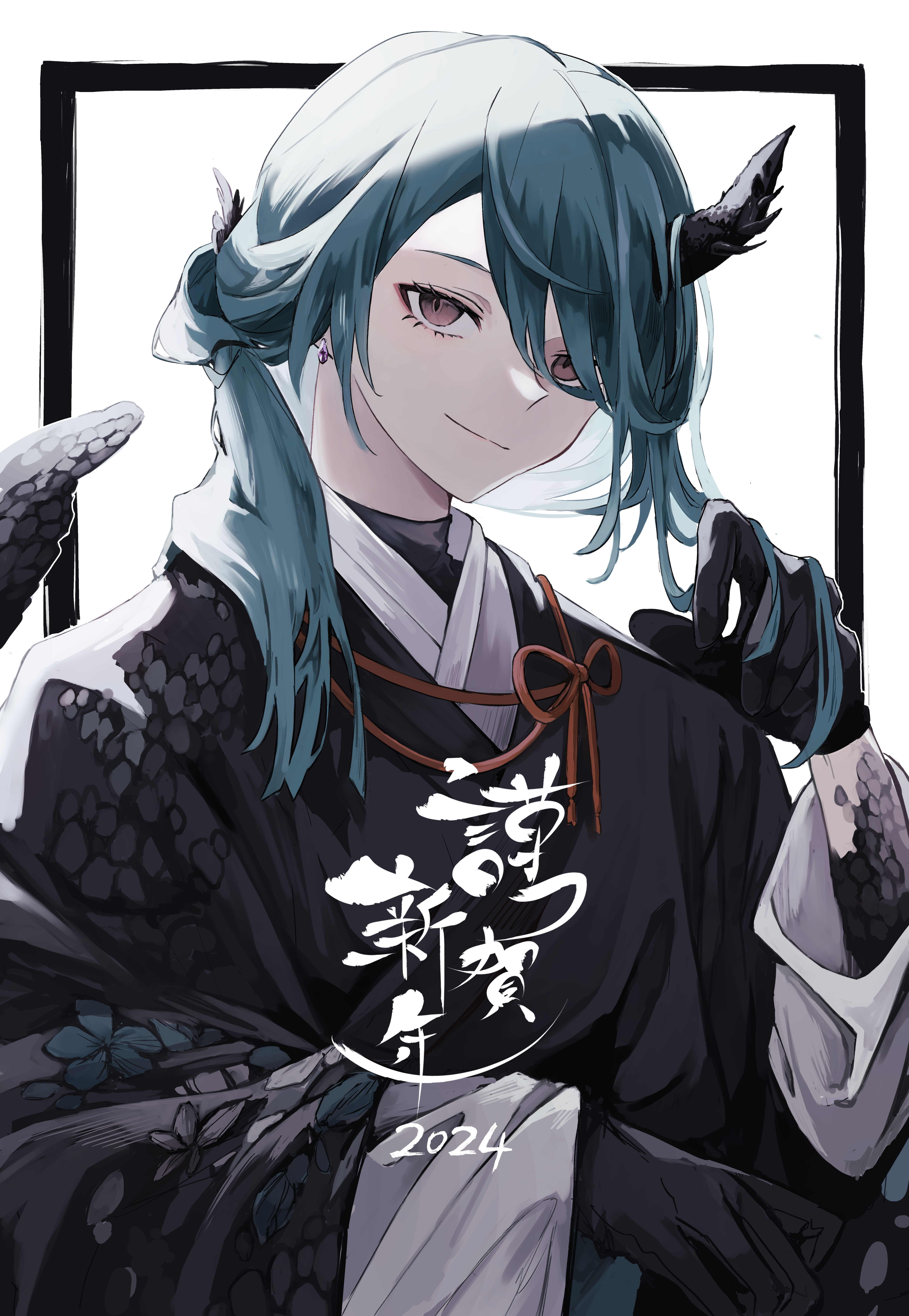 1boy 2024 absurdres alternate_costume black_gloves black_kimono black_scales brown_eyes cie_x6 closed_mouth earrings gloves green_hair happy_new_year highres horns inazuma_eleven_(series) japanese_clothes jewelry kazemaru_ichirouta kimono looking_at_viewer male_focus new_year smile solo upper_body white_background wide_sleeves